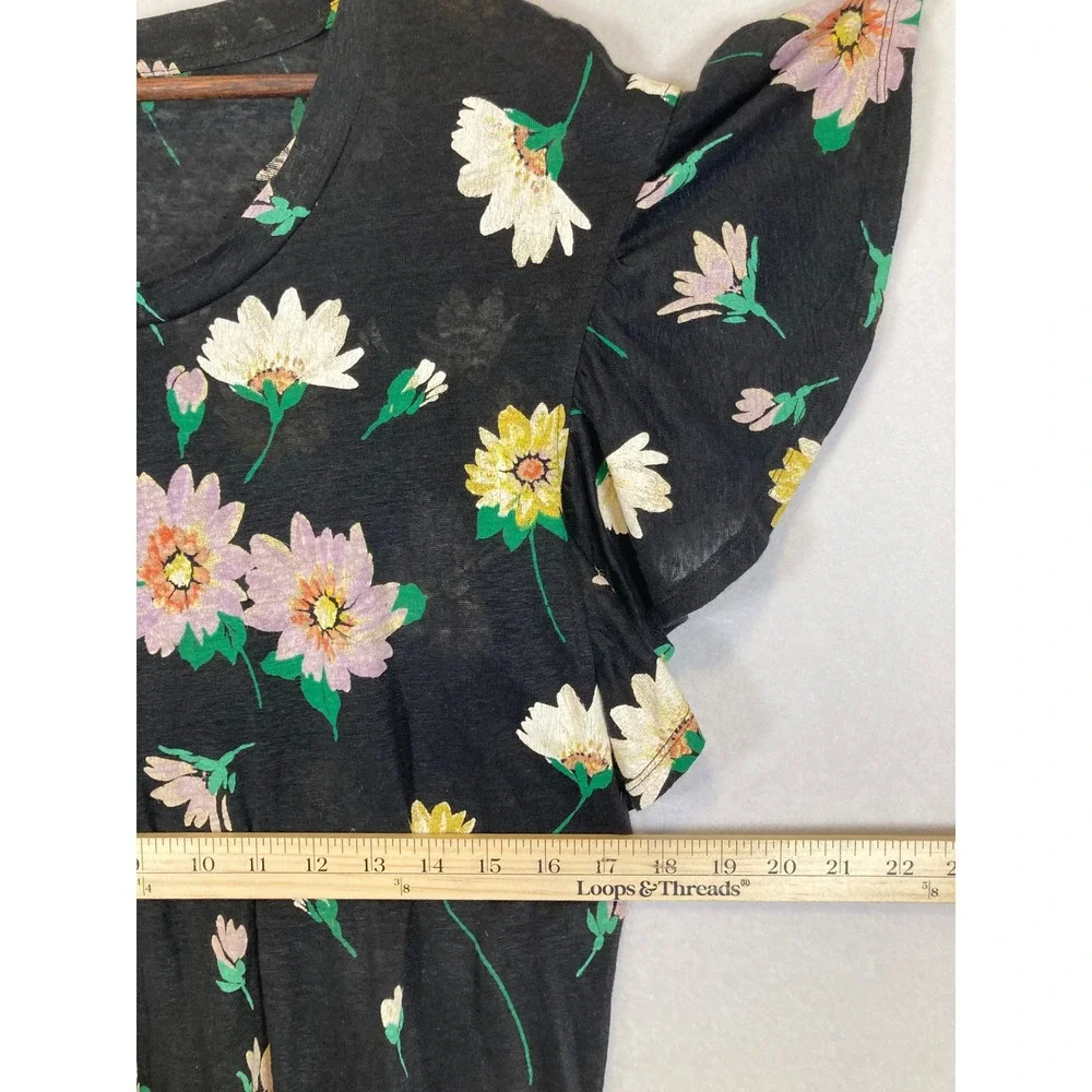 Cottagecore LOFT Women Size S Black Floral 100% Linen Flutter Sleeve Scoop Neck‎ - Picture 6 of 9